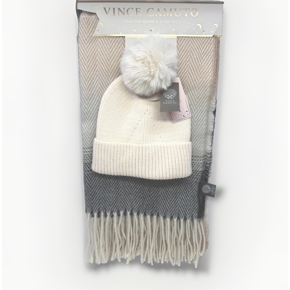Vince Camuto Accessory Set Faux Fur Beanie Scarf OS Cream Beige Chevron